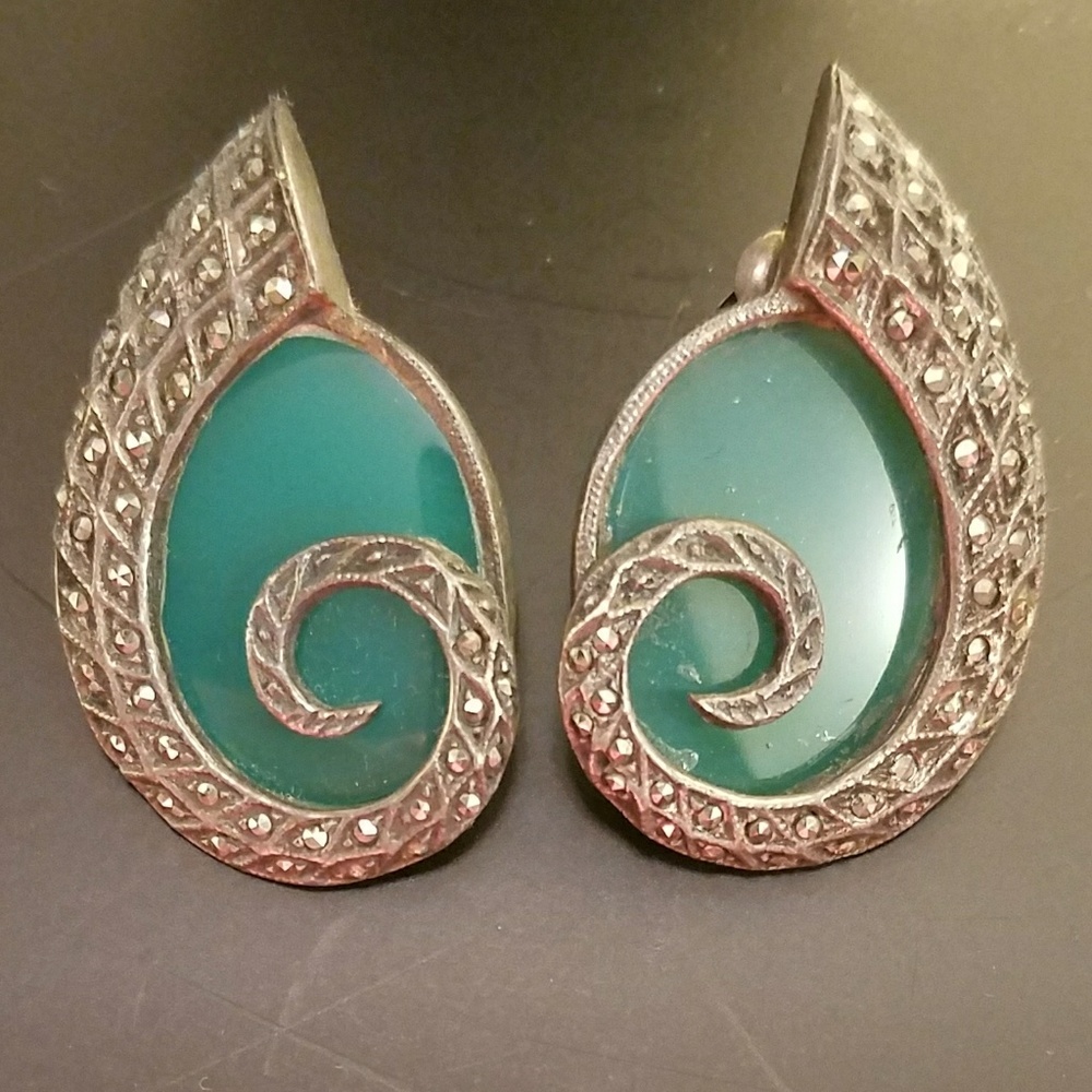 Vintage Art Deco marcasite & chrysoprase earrings